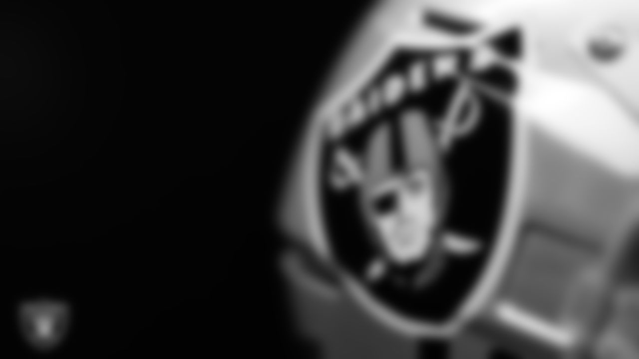 A Las Vegas Raiders helmet in the locker room prior to the Las Vegas Raiders' arrival for their regular season home game against the Green Bay Packers at Allegiant Stadium.