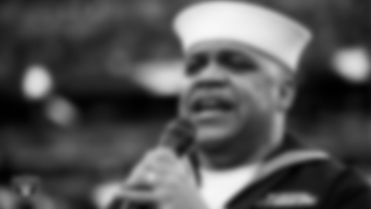 Retired Navy Petty Officer 1st Class, Generald Wilson, performs the national anthem before the Las Vegas Raiders regular season home game against the Cincinnati Bengals.
