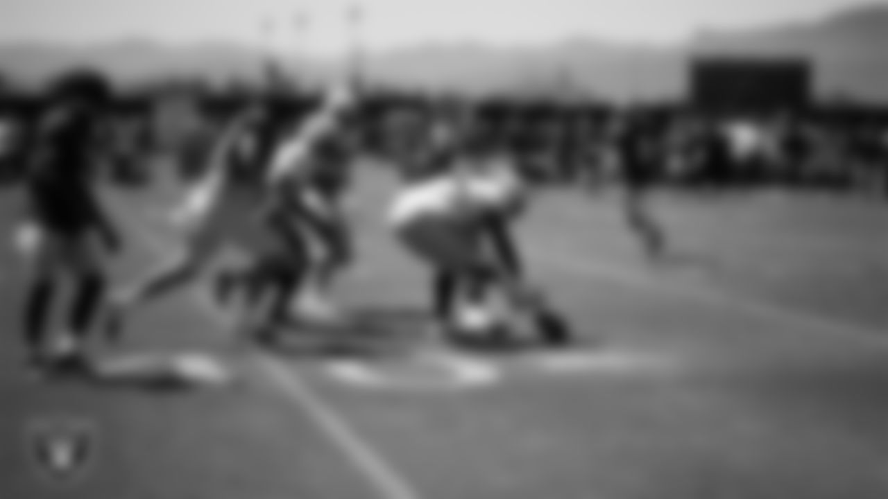 Las Vegas Raiders defensive tackle John Jenkins (95) on the field for a joint practice with the Los Angeles Rams at 2023 Training Camp at California Lutheran University.