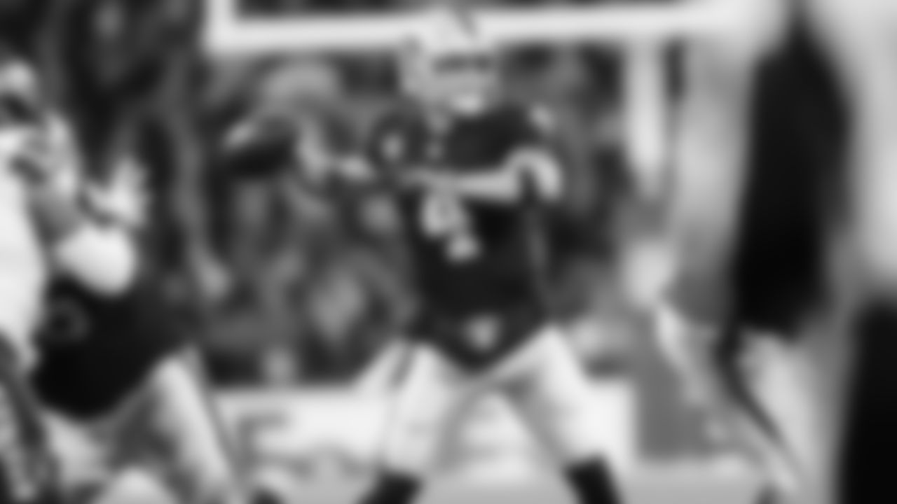 Oakland Raiders quarterback Derek Carr (4) during the Oakland Raiders regular season game against the Seattle Seahawks at Wembley Stadium, Sunday, October 14, 2018, in London, England. The Oakland Raiders lost 27-3.