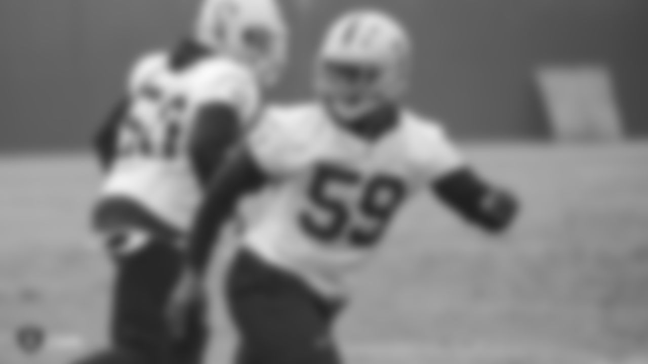 Oakland Raiders linebacker Tahir Whitehead (59) on the field for practice at the Oakland Raiders Practice Facility, Friday, December 21, 2018, in Alameda, California.