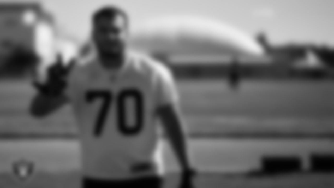 Las Vegas Raiders tackle Sebastian Gutierrez (70) during practice.