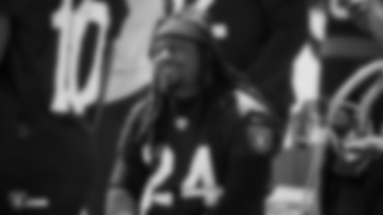 Oakland Raiders running back Marshawn Lynch (24) on the field for practice at 2018 at the Oakland Raiders Practice Facility Saturday, September 8, 2018, in Alameda, California.