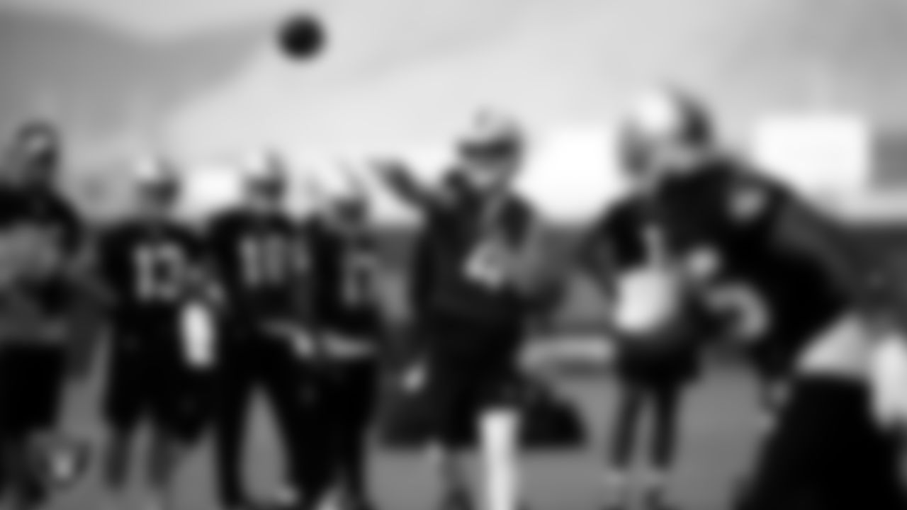 Las Vegas Raiders quarterback Derek Carr (4) on the field for practice at 2020 Training Camp.