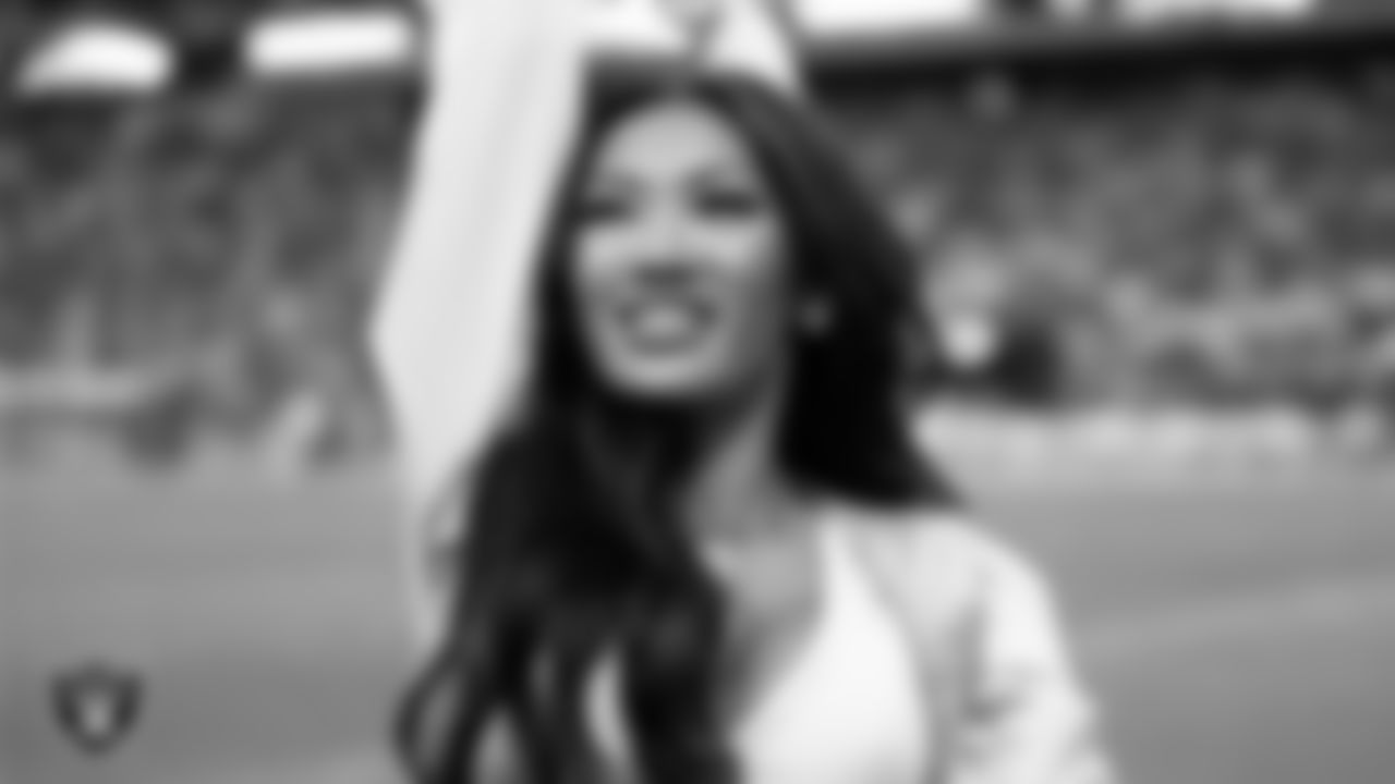 Raiderette Monica D. on the sidelines during the regular season home game against the Los Angeles Chargers at Allegiant Stadium.
