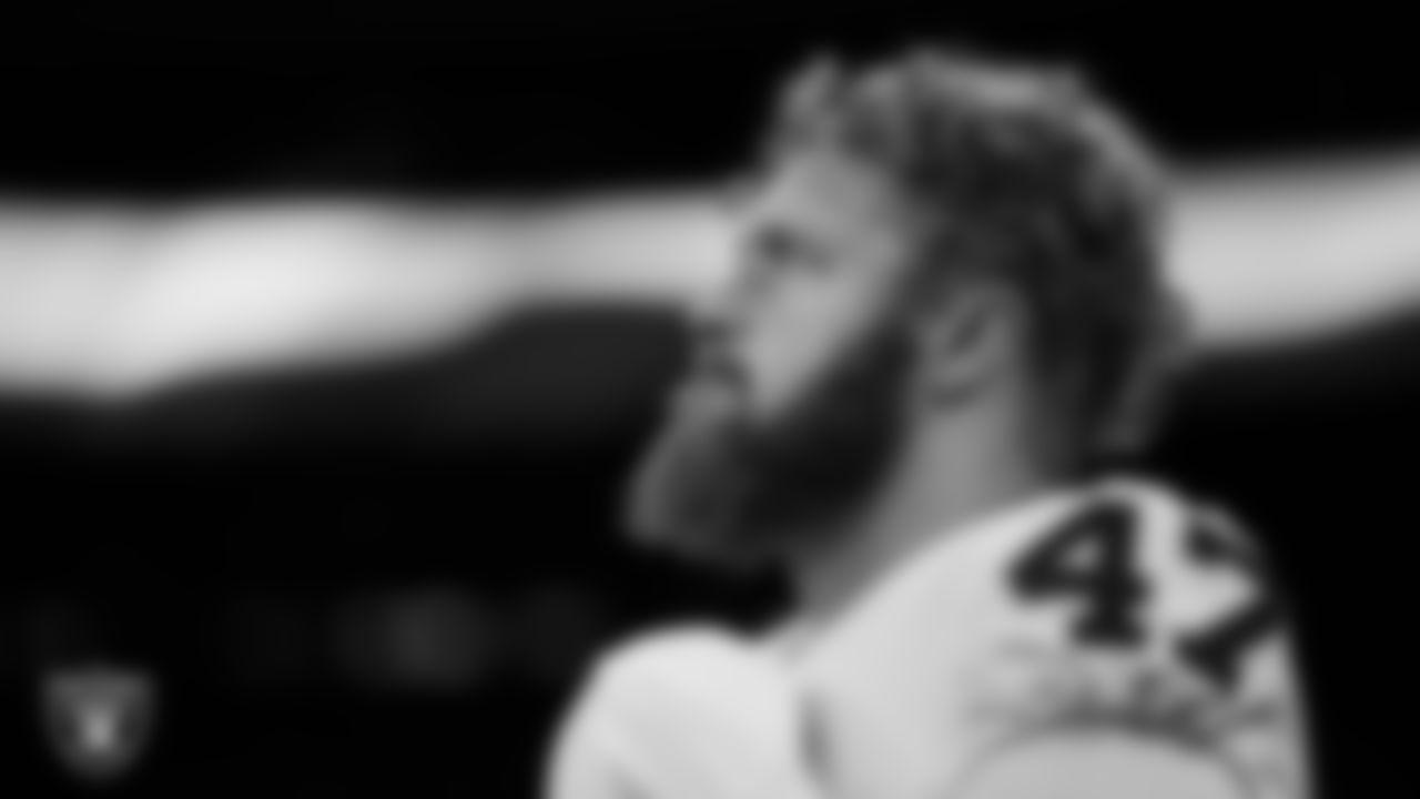 Las Vegas Raiders long snapper Trent Sieg (47) during the national anthem before the regular season away game against the New Orleans Saints at Caesars Superdome.
