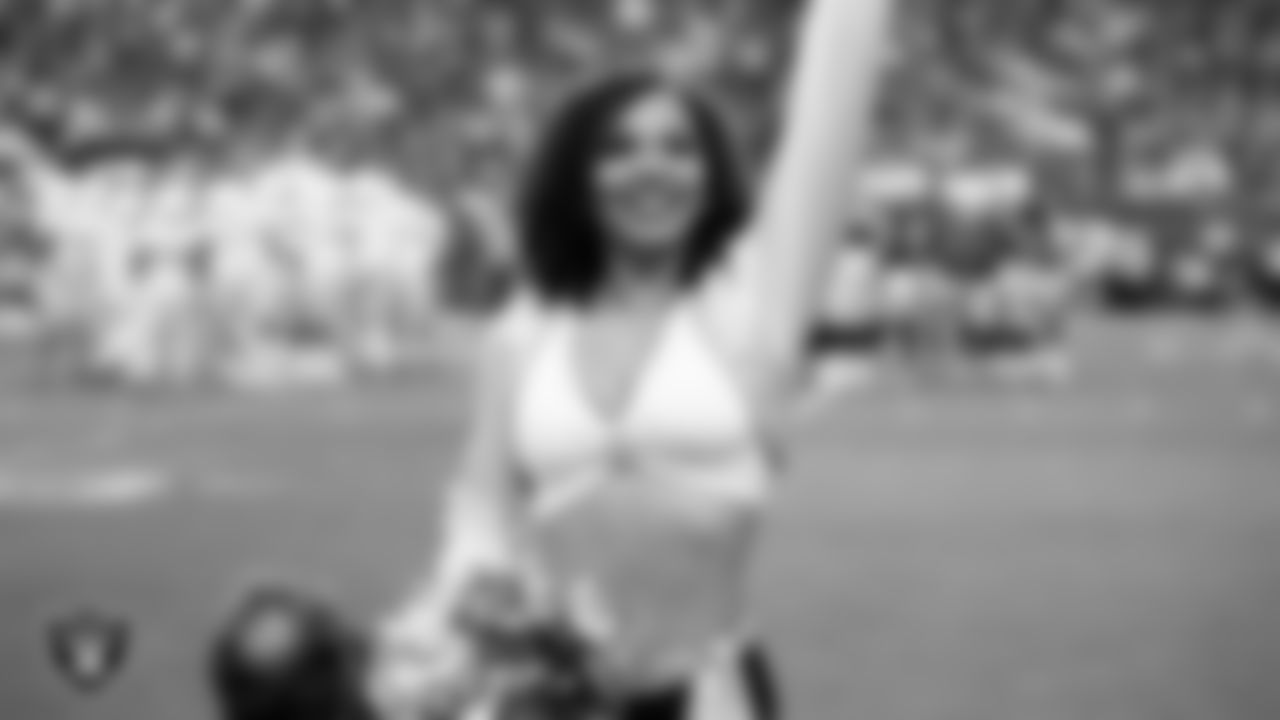 Raiderette Makenna P. on the sidelines during the regular season home game against the Los Angeles Chargers at Allegiant Stadium.