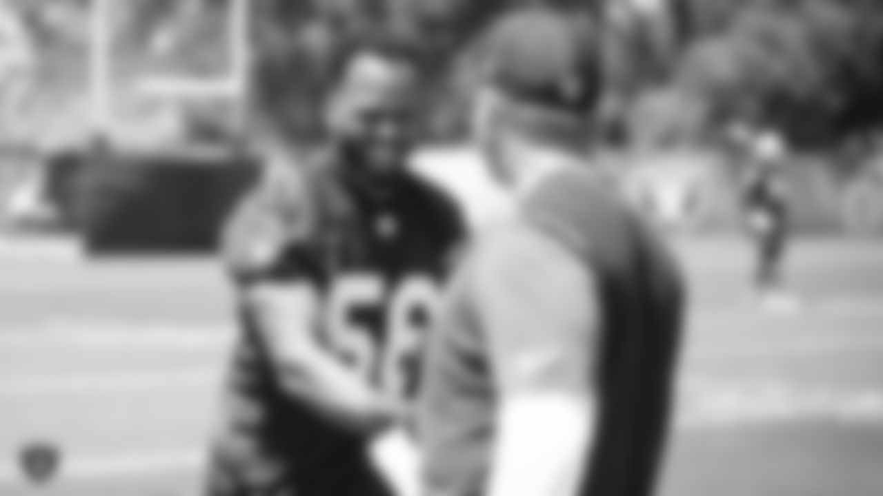 Oakland Raiders linebacker Derrick Johnson (56) and head coach Jon Gruden at a Mandatory Mini Camp at the Oakland Raiders Practice Facility, Tuesday, June 12, 2018, in Alameda, California.