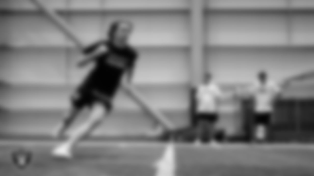 An athlete participates in a drill during the Raiders Play Football Skills Camp at Intermountain Health Performance Center.