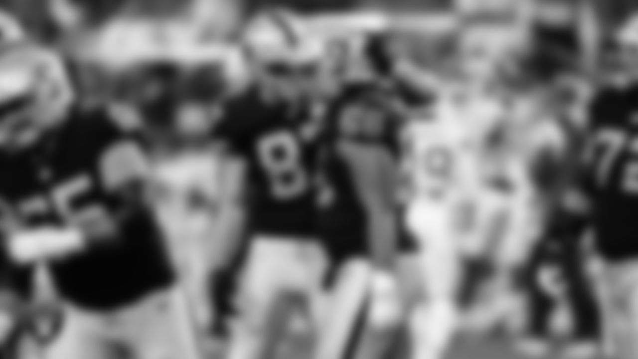 Las Vegas Raiders tight end Foster Moreau (87) and guard Dylan Parham (66) during the regular season home game against the Kansas City Chiefs at Allegiant Stadium.