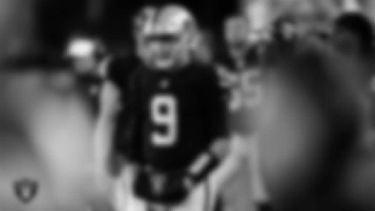 Las Vegas Raiders quarterback Nick Mullens (9) during the Hall of Fame Game against the Jacksonville Jaguars at Tom Benson Hall of Fame Stadium.