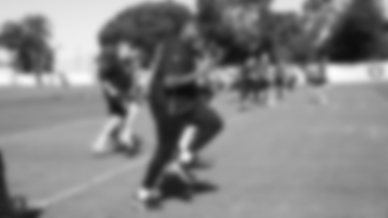 Raiders tackle Trent Brown at a workout during phase one of the offseason program at the Raiders Practice Facility in Alameda, Calif.