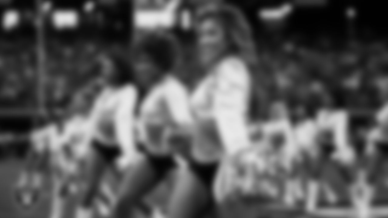 Raiderette Meghan performs on the field before the regular season home game against the Kansas City Chiefs at Allegiant Stadium.