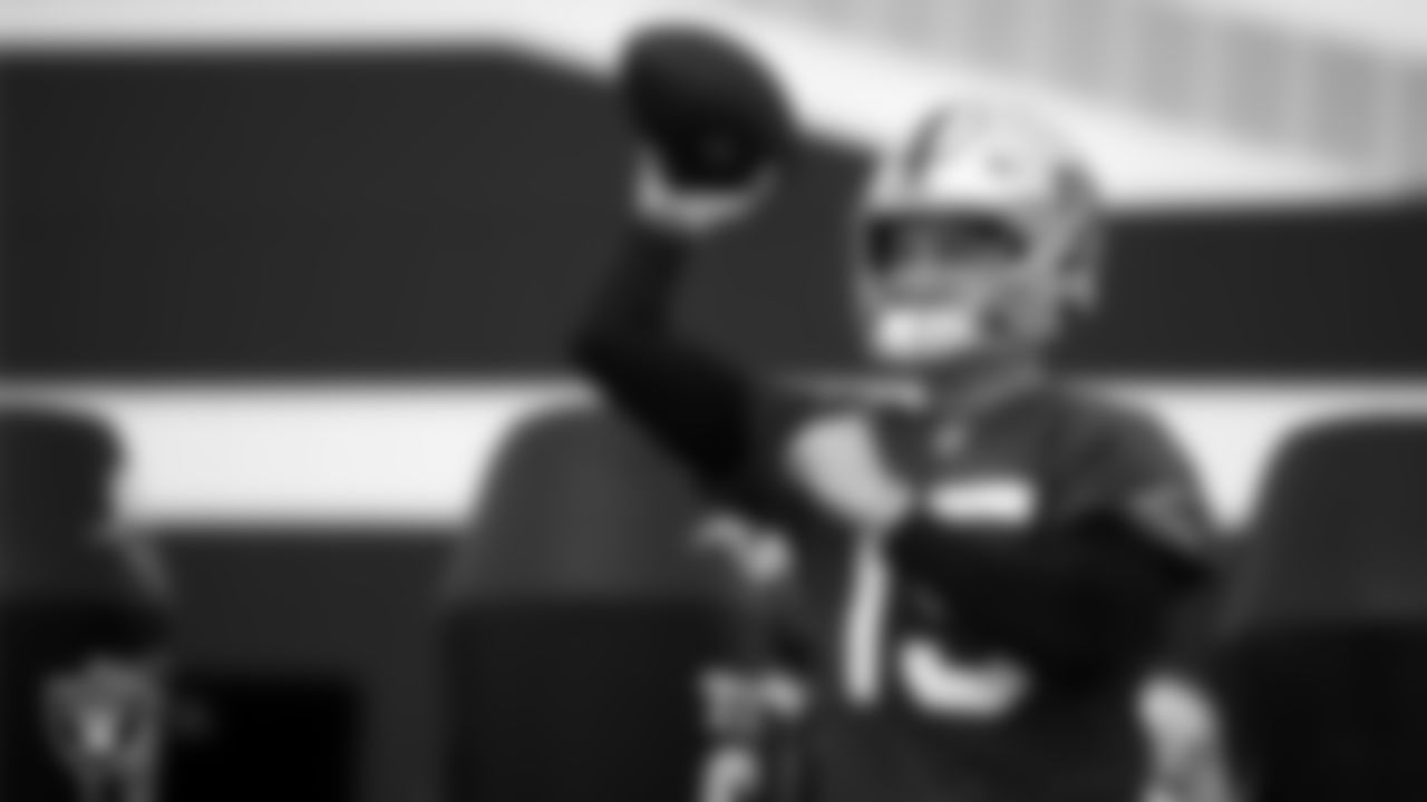 Las Vegas Raiders quarterback Chase Garbers (15) during practice at Intermountain Healthcare Performance Center.