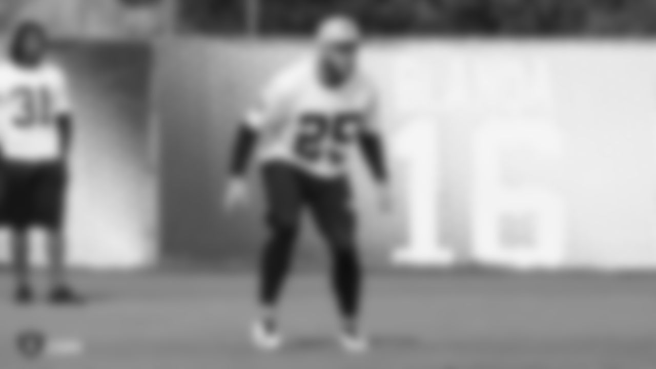 Oakland Raiders safety Erik Harris (25) on the field for practice at the Oakland Raiders Practice Facility, Friday, November 9, 2018, in Alameda, California.