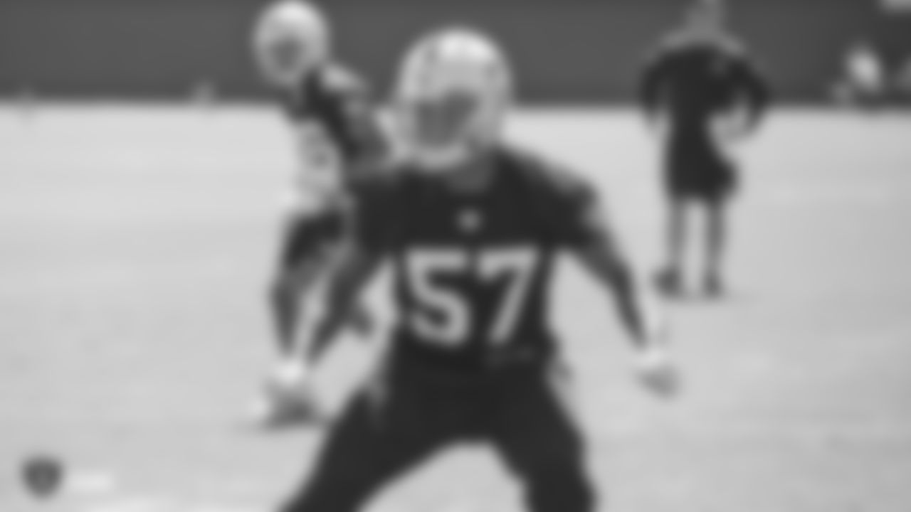 Oakland Raiders linebacker Azeem Victor (57) at an Organized Team Activity (OTA) at the Oakland Raiders Practice Facility, Tuesday, May 29, 2018, in Alameda, California.