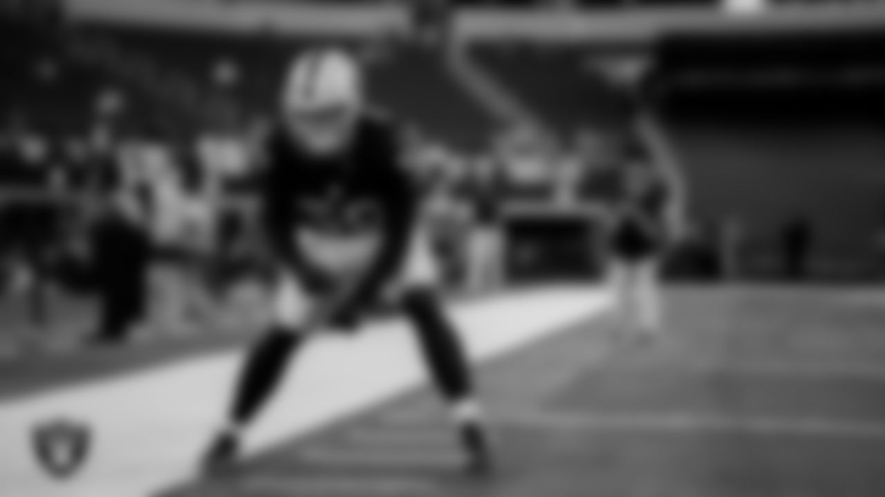 Las Vegas Raiders long snapper Jacob Bobenmoyer (50) warming up before the preseason away game against the Dallas Cowboys at AT&T Stadium.