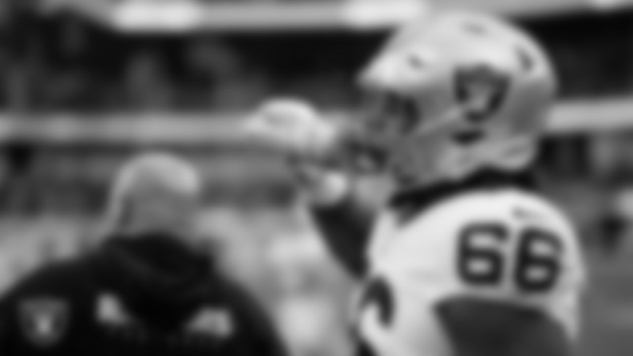 Las Vegas Raiders guard Dylan Parham (66) warming up before the regular season away game against the Los Angeles Chargers at SoFi Stadium.