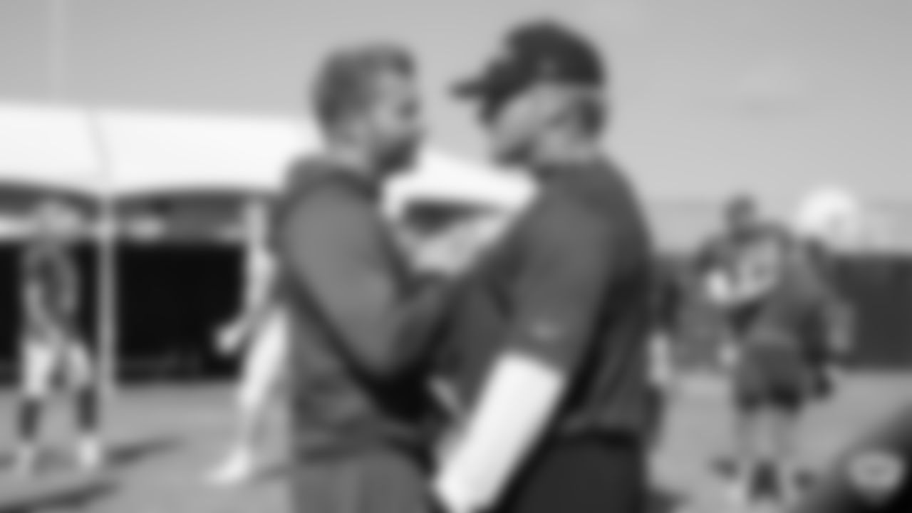 Los Angeles Rams Head Coach Sean McVay and Raiders Head Coach Jon Gruden on the field for a joint practice with the Los Angeles Rams at 2019 Training Camp.