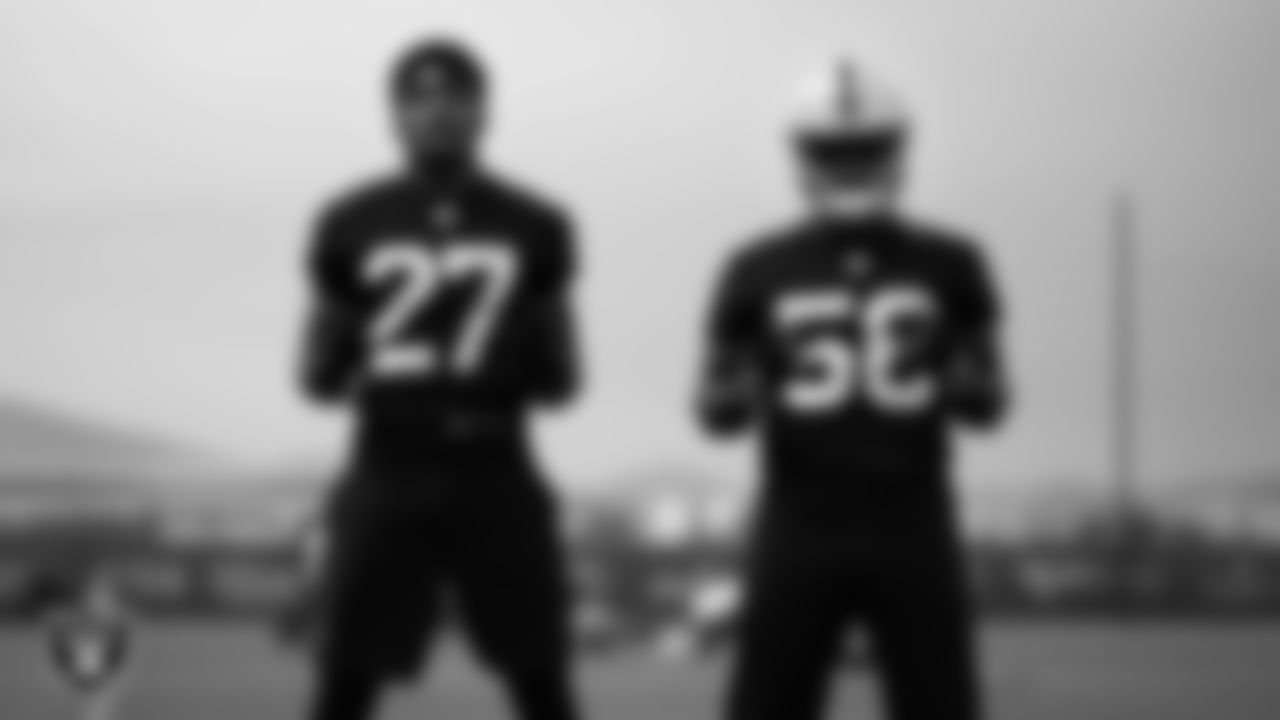 Las Vegas Raiders cornerback Sam Webb (27) and linebacker Darien Butler (58) during mandatory minicamp at Intermountain Health Performance Center.