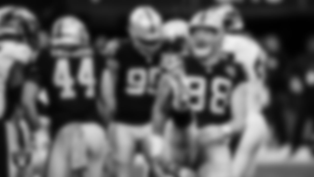 Las Vegas Raiders defensive end Maxx Crosby (98) celebrates during the regular season home game against the Denver Broncos.