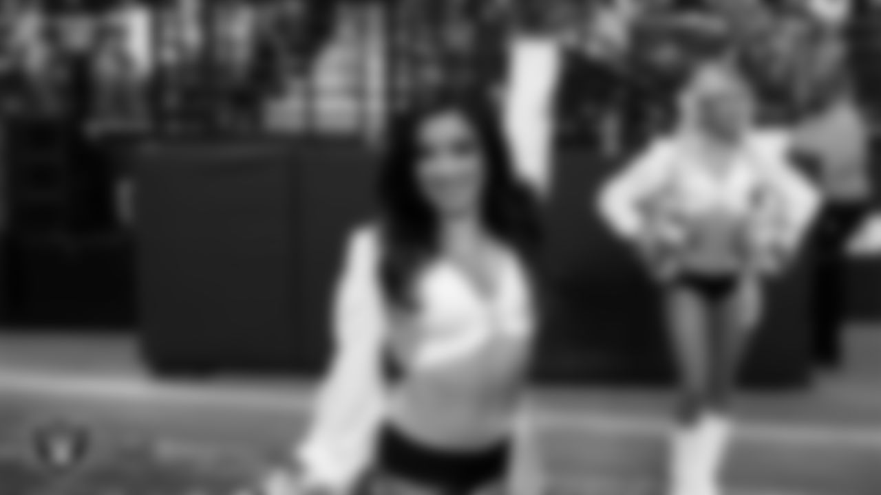 Raiderette Tatiana on the sidelines during the regular season home game against the Los Angeles Chargers at Allegiant Stadium.