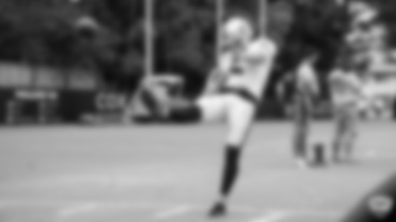 Raiders punter Johnny Townsend (5) on the field for practice at 2019 Training Camp.