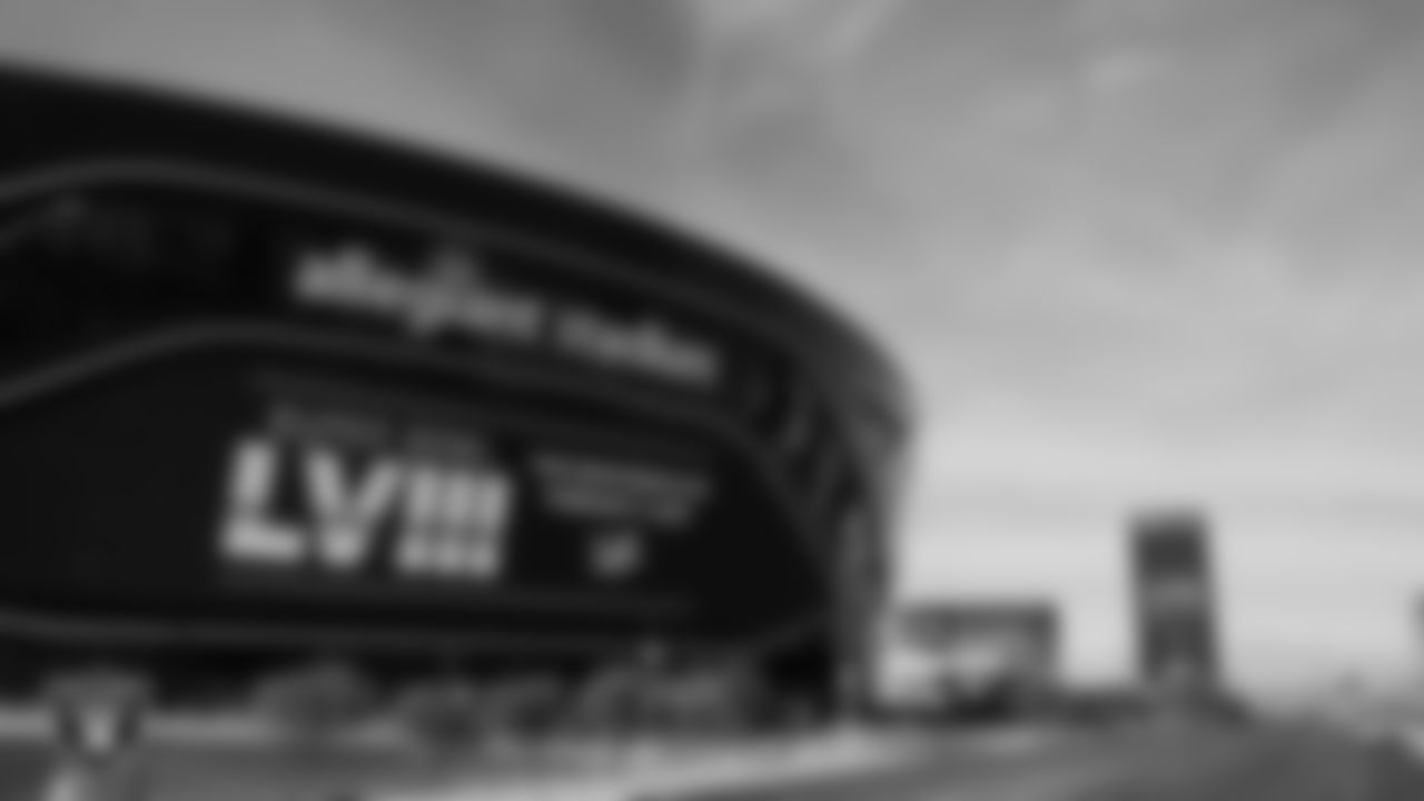 Super Bowl LVIII signage outside Allegiant Stadium.