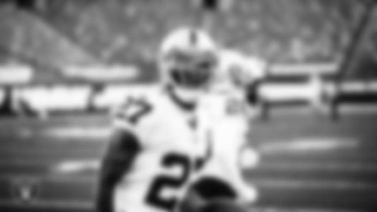 Las Vegas Raiders cornerback Trayvon Mullen (27) celebrates after intercepting a pass during the regular season away game against the New York Jets.