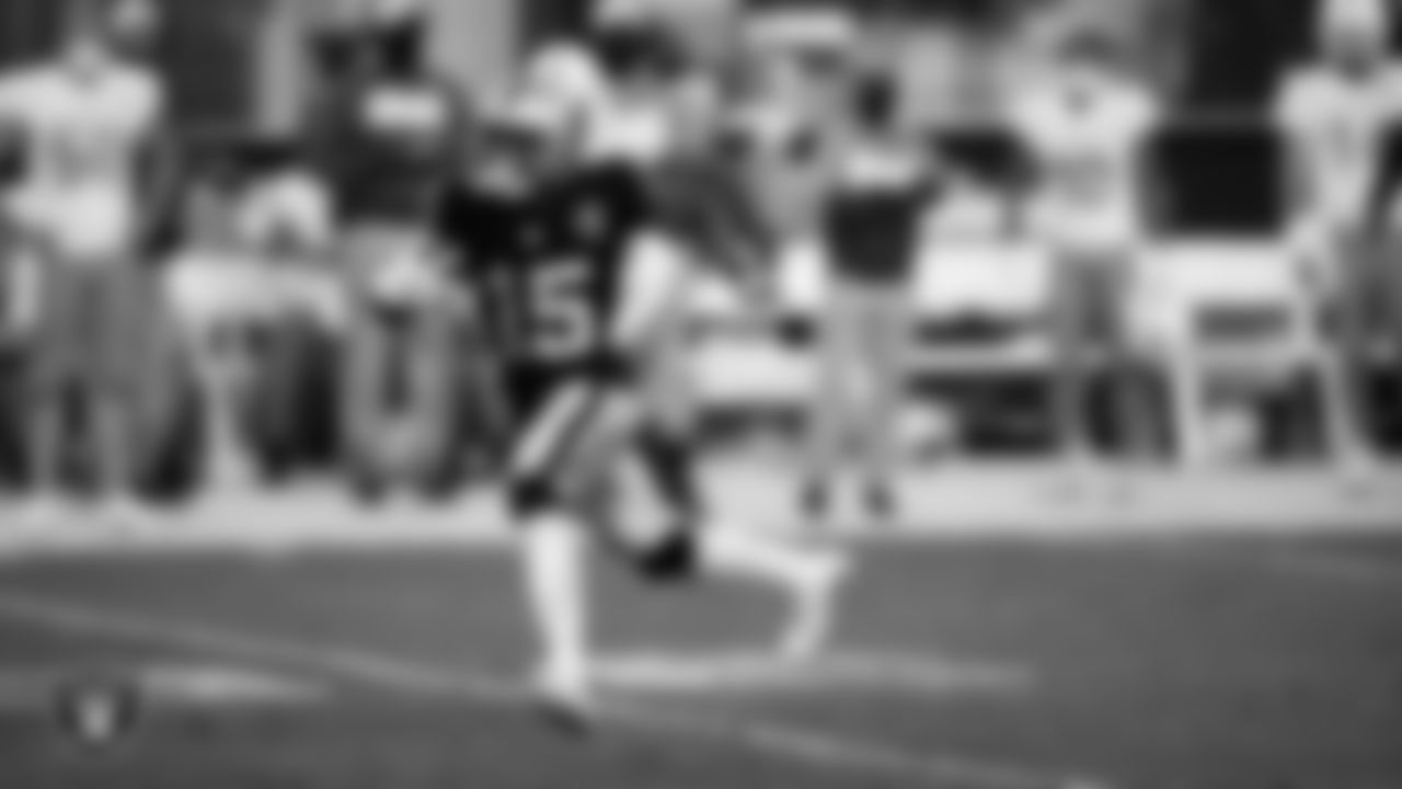 Las Vegas Raiders wide receiver Nelson Agholor (15) heads to the end zone on an 85-yard touchdown catch during the regular season home game against the Miami Dolphins.