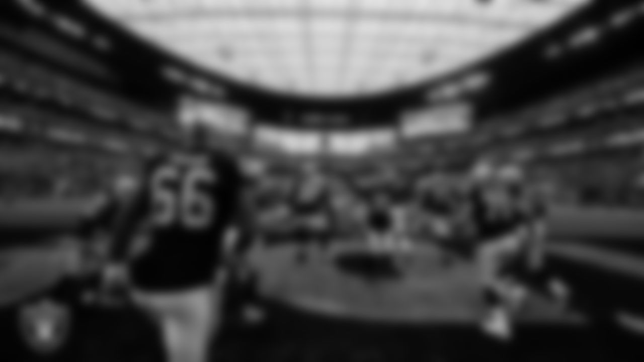 The Las Vegas Raiders are introduced onto the field before their regular season home game against the New England Patriots at Allegiant Stadium.