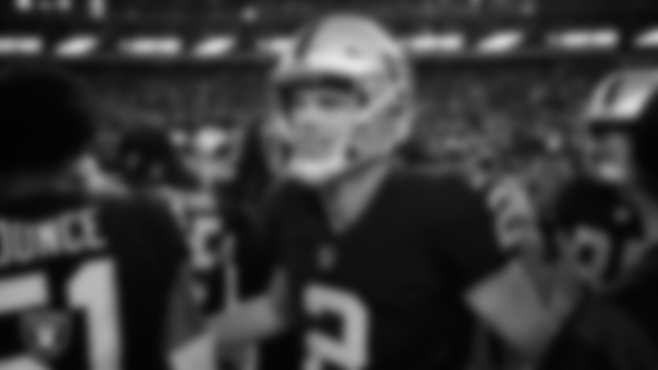 Las Vegas Raiders kicker Daniel Carlson (2) on the field after the regular season home game against the Los Angeles Chargers.