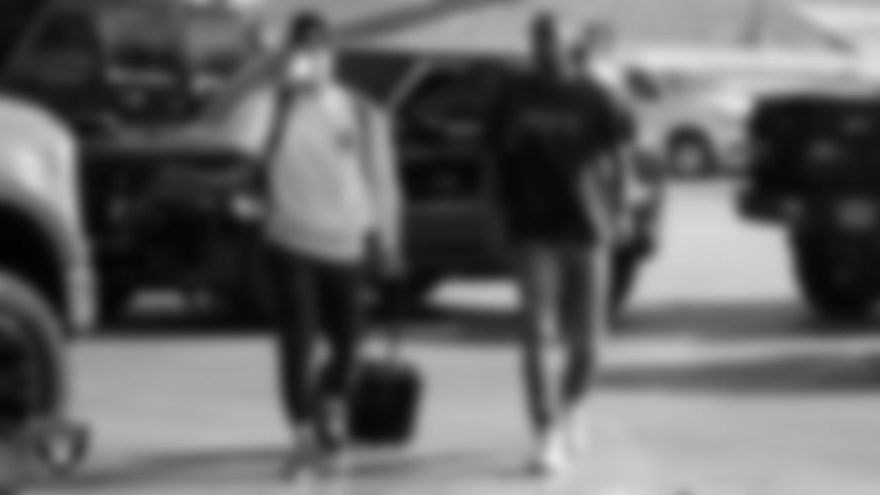 Las Vegas Raiders safety Dallin Leavitt (32) and cornerback Brandon Facyson (35) arrives to the regular season home game against the Kansas City Chiefs.