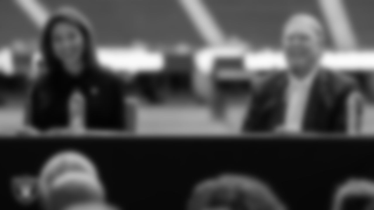 Las Vegas Raiders President Sandra Douglass Morgan and Owner Mark Davis during a press conference announcing Douglass Morgan as the Raiders new team president.