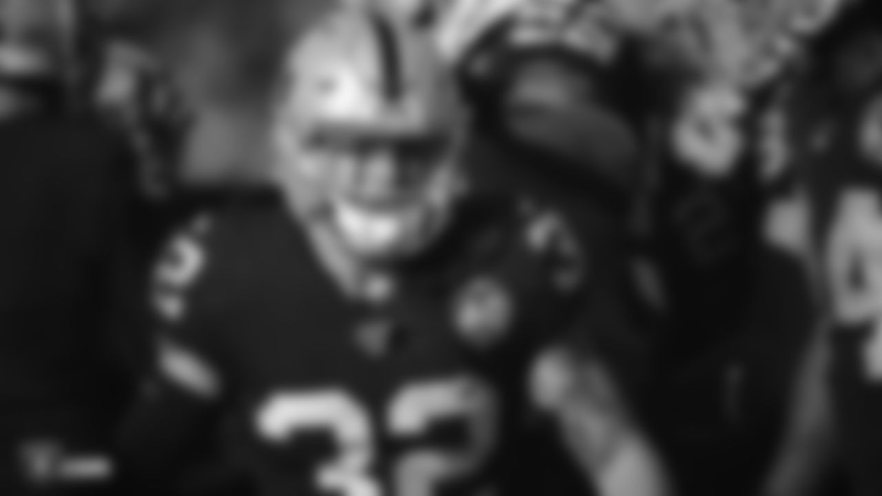 Raiders safety Dallin Leavitt (32) stands on the field during the regular season game against the Jacksonville Jaguars.