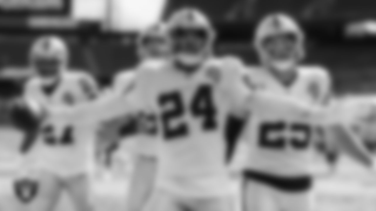 Las Vegas Raiders safety Johnathan Abram (24) celebrates after intercepting a pass during the regular season away game against the New England Patriots.