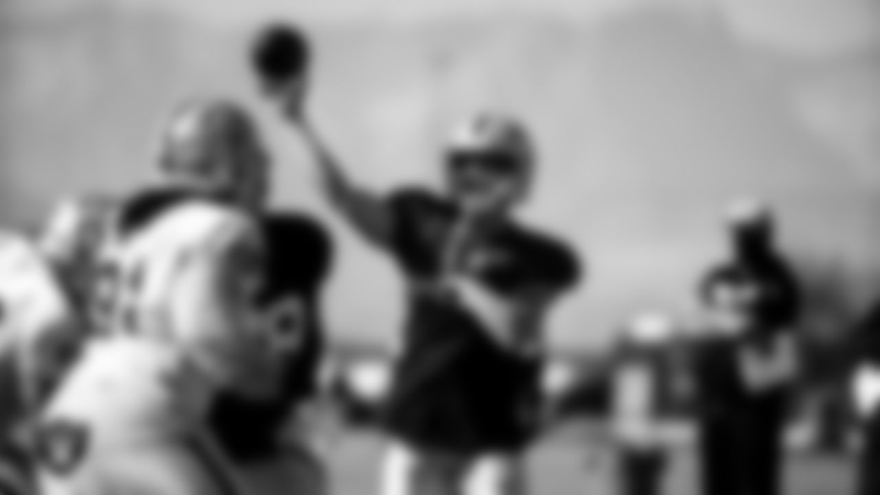 Las Vegas Raiders quarterback Derek Carr (4) during practice.