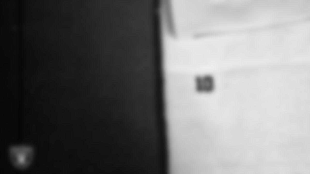 Las Vegas Raiders quarterback Jimmy Garoppolo's (10) towel in the locker room prior to the Raiders' arrival for their preseason away game against the Dallas Cowboys at AT&T Stadium.
