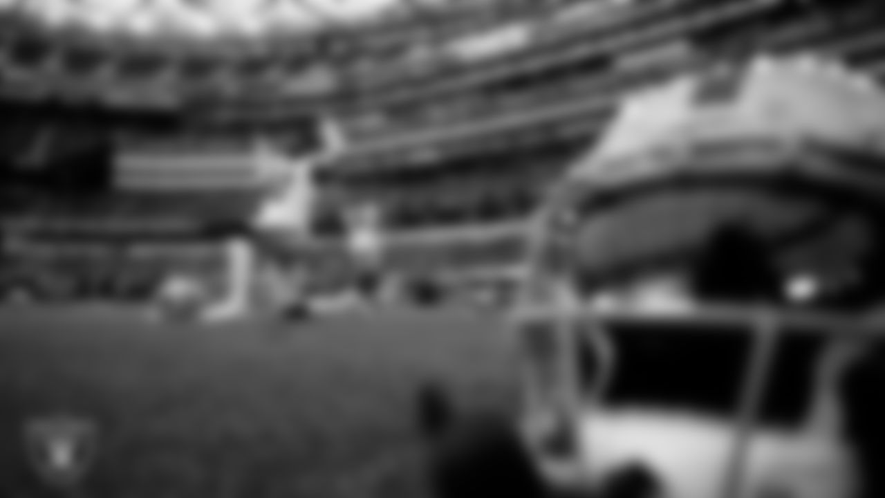 Las Vegas Raiders safety Chris Smith II (42) warming up before the preseason away game against the Los Angeles Rams at Sofi Stadium.