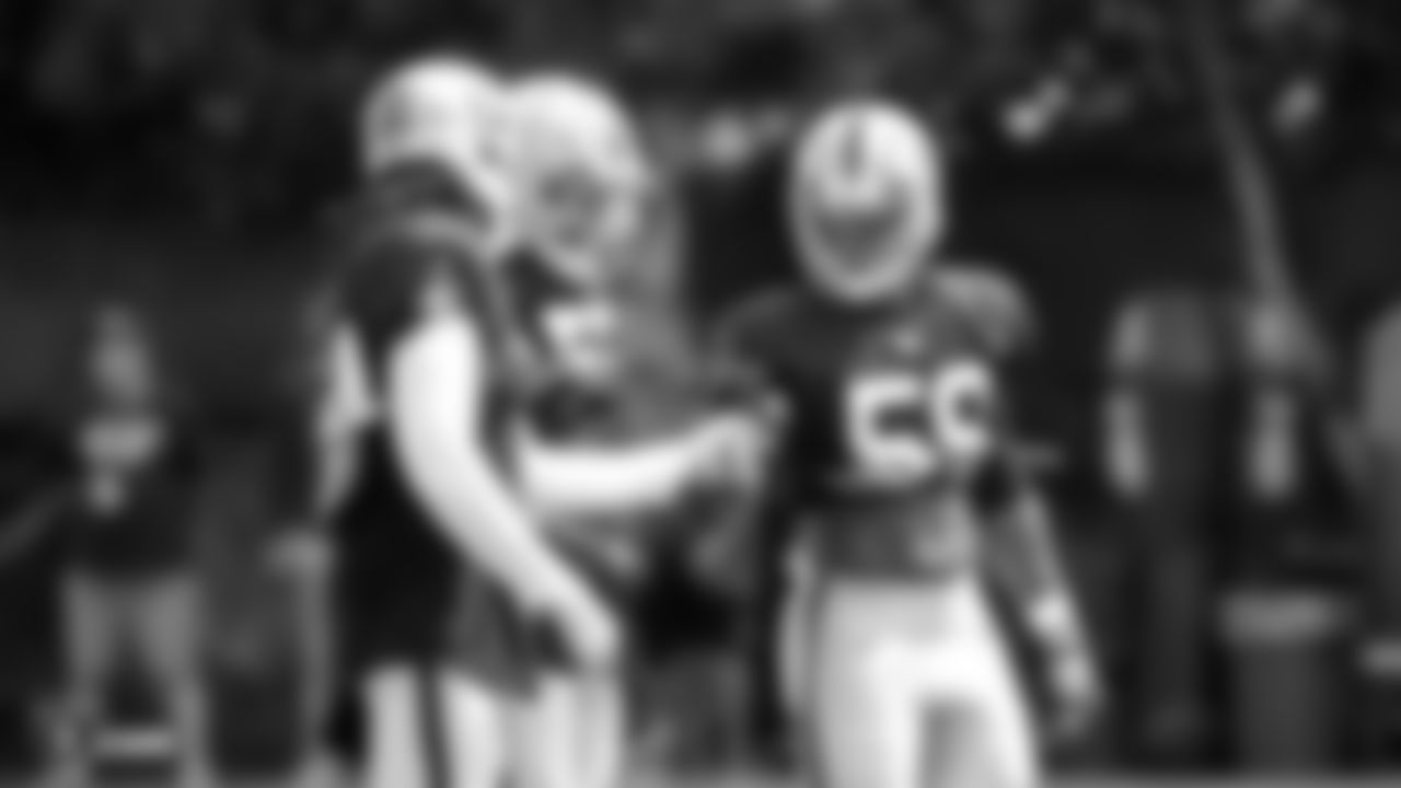 Oakland Raiders linebacker Emmanuel Lamur (54), linebacker Marquel Lee (55), and linebacker Tahir Whitehead (59) on the field for practice at 2018 Training Camp at The Oakland Raiders Napa Valley Training Complex, Thursday, August 2, 2018, in Napa, California.
