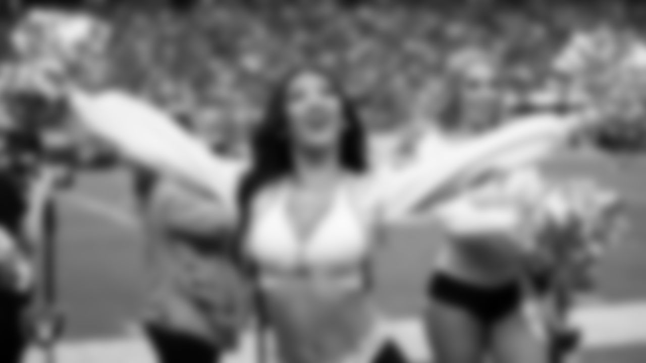 Raiderette Monica D. on the sidelines during the regular season home game against the Los Angeles Chargers at Allegiant Stadium.