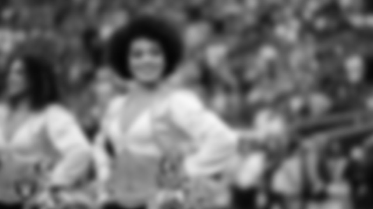 Raiderette Vicky during player introductions before the regular season home game against the Denver Broncos at Allegiant Stadium.