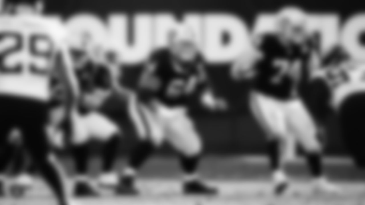 Oakland Raiders guard Richie Incognito (64) and tackle Kolton Miller (74) block during the regular season game against the Jacksonville Jaguars.
