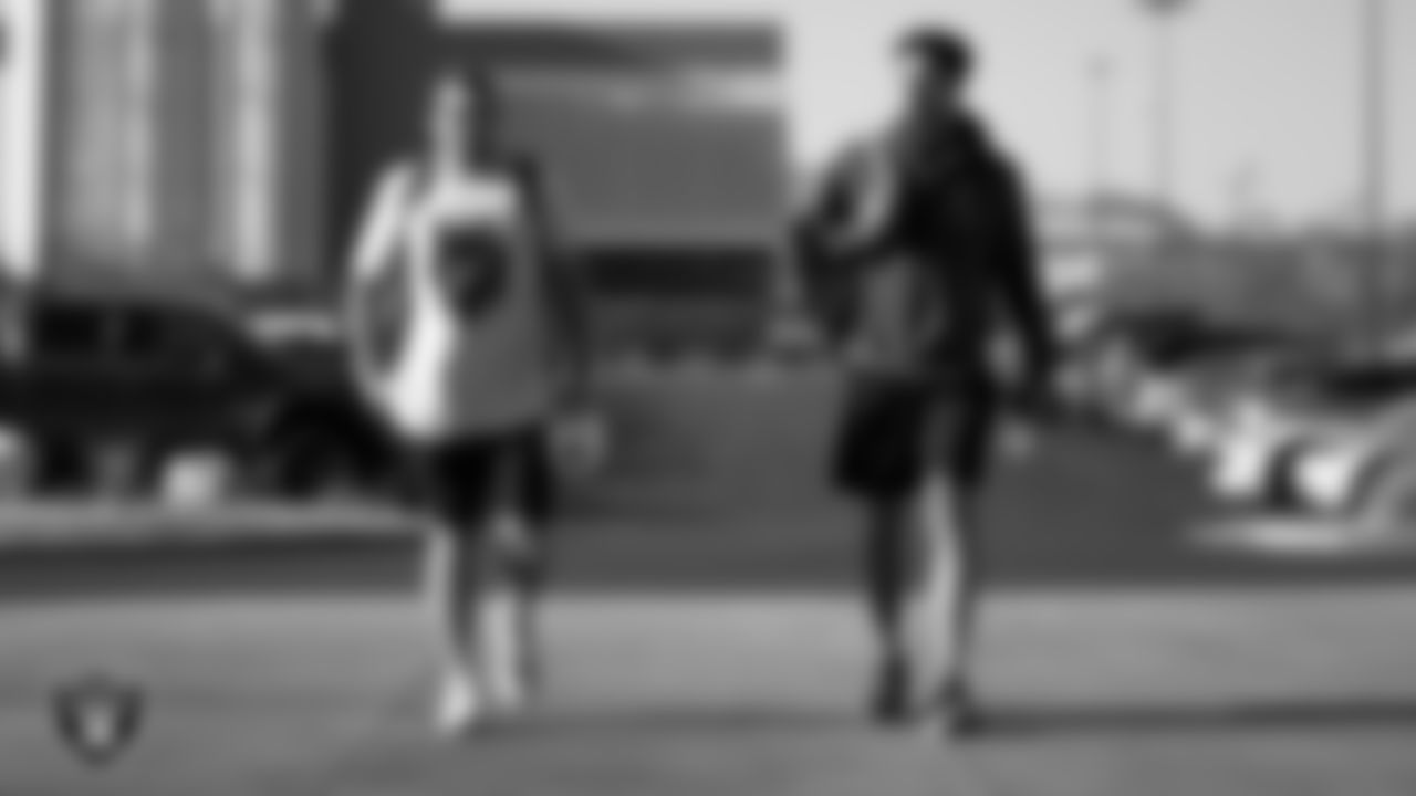 Las Vegas Raiders running back Garrett Groshek (46) and wide receiver Marcell Ateman (88) arrive for 2021 Training Camp.