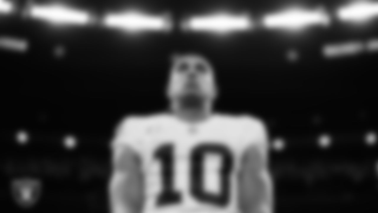 Las Vegas Raiders wide receiver Mack Hollins (10) during the national anthem before the regular season away game against the New Orleans Saints at Caesars Superdome.