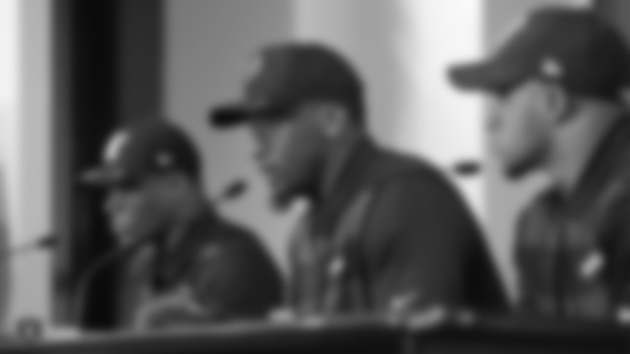 Raiders 1st round draft picks defensive end Clelin Ferrell, running back Josh Jacobs, and safety Johnathan Abram at a press conference following their selection in the 2019 NFL Draft at the Raiders Practice Facility in Alameda, Calif.