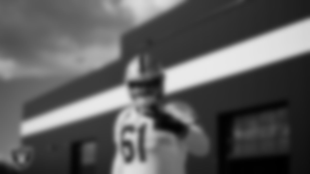 Las Vegas Raiders offensive lineman Jordan Meredith (61) during practice at Intermountain Healthcare Performance Center.
