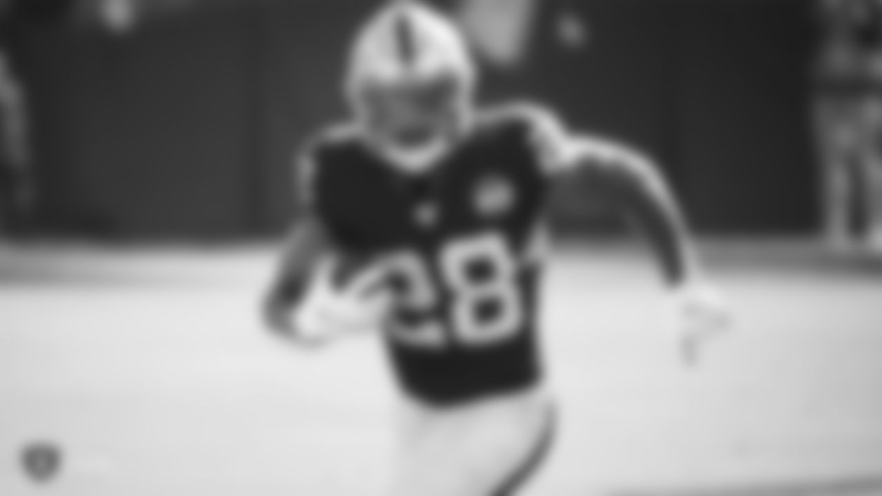 Raiders running back Josh Jacobs (28) during the regular season game against the Detroit Lions.