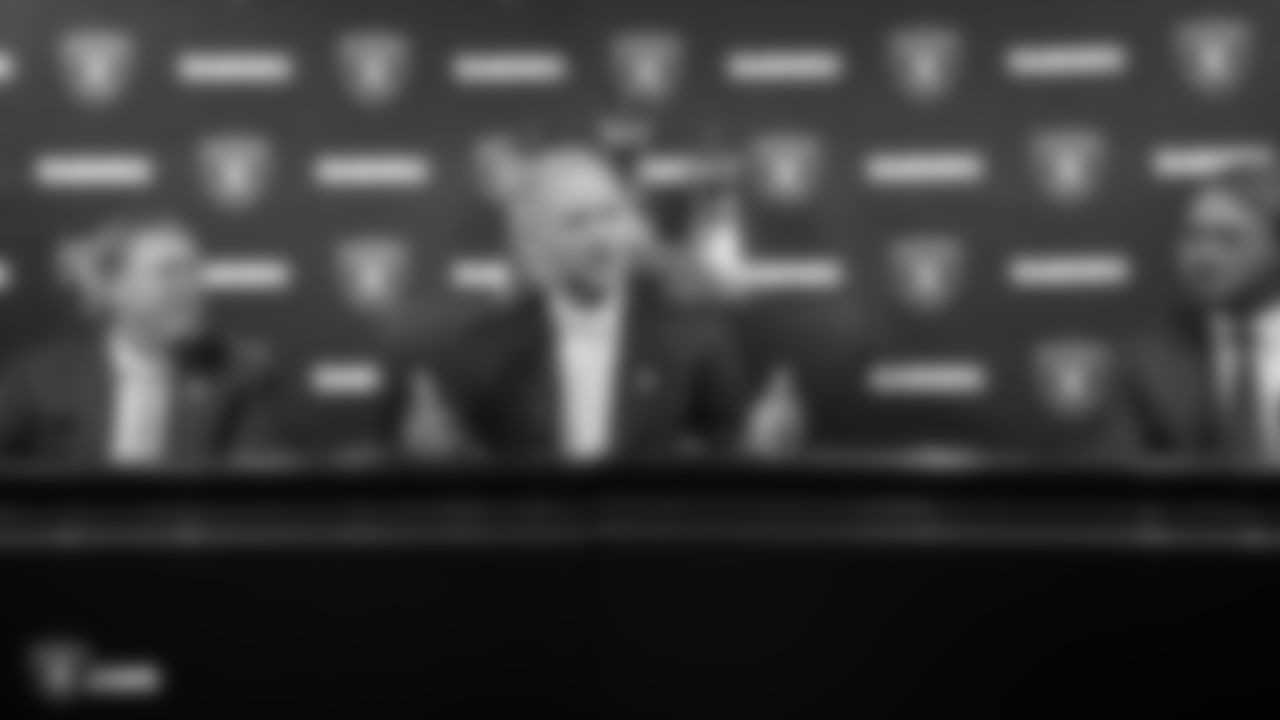 Oakland Raiders owner Mark Davis and head coach Jon Gruden introduce Mike Mayock as the general manager of the Oakland Raiders at a press conference, Monday, December 31, 2018, in Alameda, California.