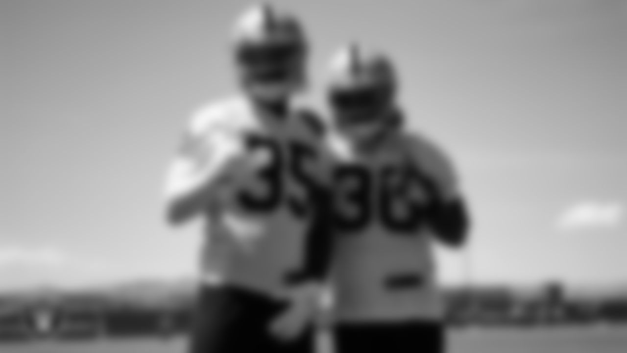 Las Vegas Raiders running back Theo Riddick (35) and running back Jalen Richard (30) at an Organized Team Activity (OTA).